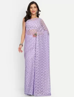 Zenova Embroidered Leveria Net Saree (Purple). (XL)