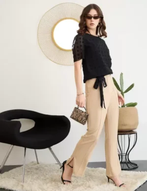 Lumion Formal Flutter Sleeves Solid Women Black Top. (S)