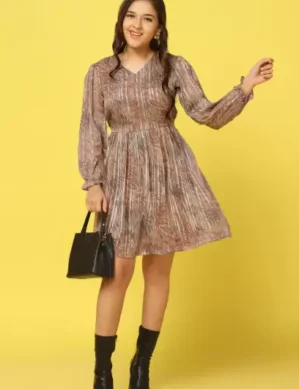 Nexora Girls Above Knee Casual Dress (Brown, Full Sleeve). (XL)