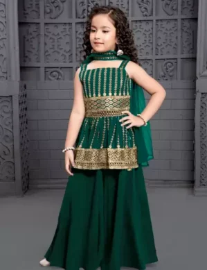 Nexora Girls Wedding Kurta and Palazzo Set (Green Pack of 1). (S)