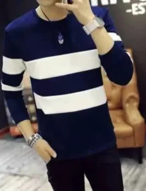 Auralis Men Striped Round Neck Cotton Blend Blue T-Shirt. (XL)