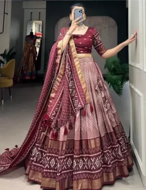 Zenova Printed Semi Stitched Lehenga Choli (Maroon). (XXL)