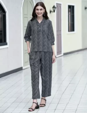 Nexora Selvia Top Pant Co-ords Set Printed, Black, Navy Blue White Dress Set. (XL)