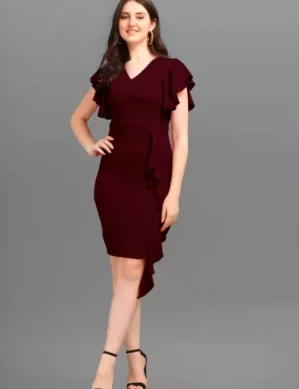 Voltrix Women Bodycon Maroon Dress A Line Casual Western Dress. (S)