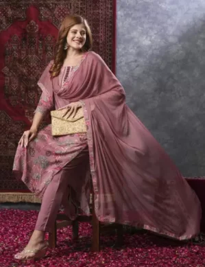 Nexora Women Cotton Rayon Kurta Pant Attached Dupatta Set. (L)