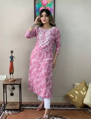 Auralis Women Cotton Rayon Kurta Pant Set Pink Occasion Casual. (L)