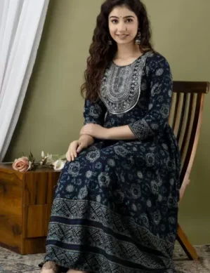 Lumion Women Embroidered Cotton Rayon Anarkali Kurta (Dark Blue). (M)