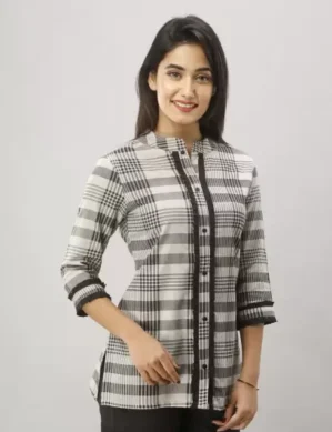 Nexora Women Regular Fit Checkered Mandarin Collar Casual Shirt. (M)