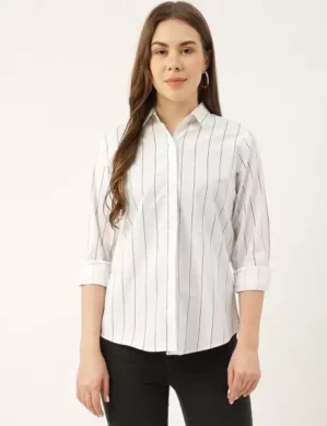 Zenova Women Regular Fit Striped Spread Collar Casual Shirt (L)