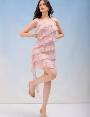 Zenova Women Ruffled Pink Dress Above Knee Mid-Thigh Length. (XL)